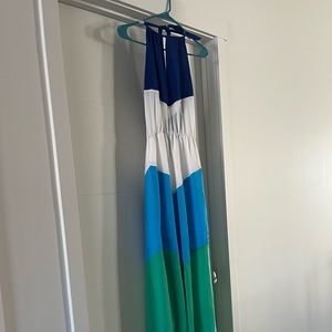 Its a long light blue, dark blue, white and green dress